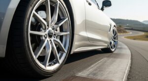 Aluminum alloy wheels on a performance sports car, contributing to weight reduction and better handling dynamics