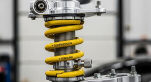 Close-up of coilover suspension system, showcasing its adjustable components for performance upgrades in sports cars