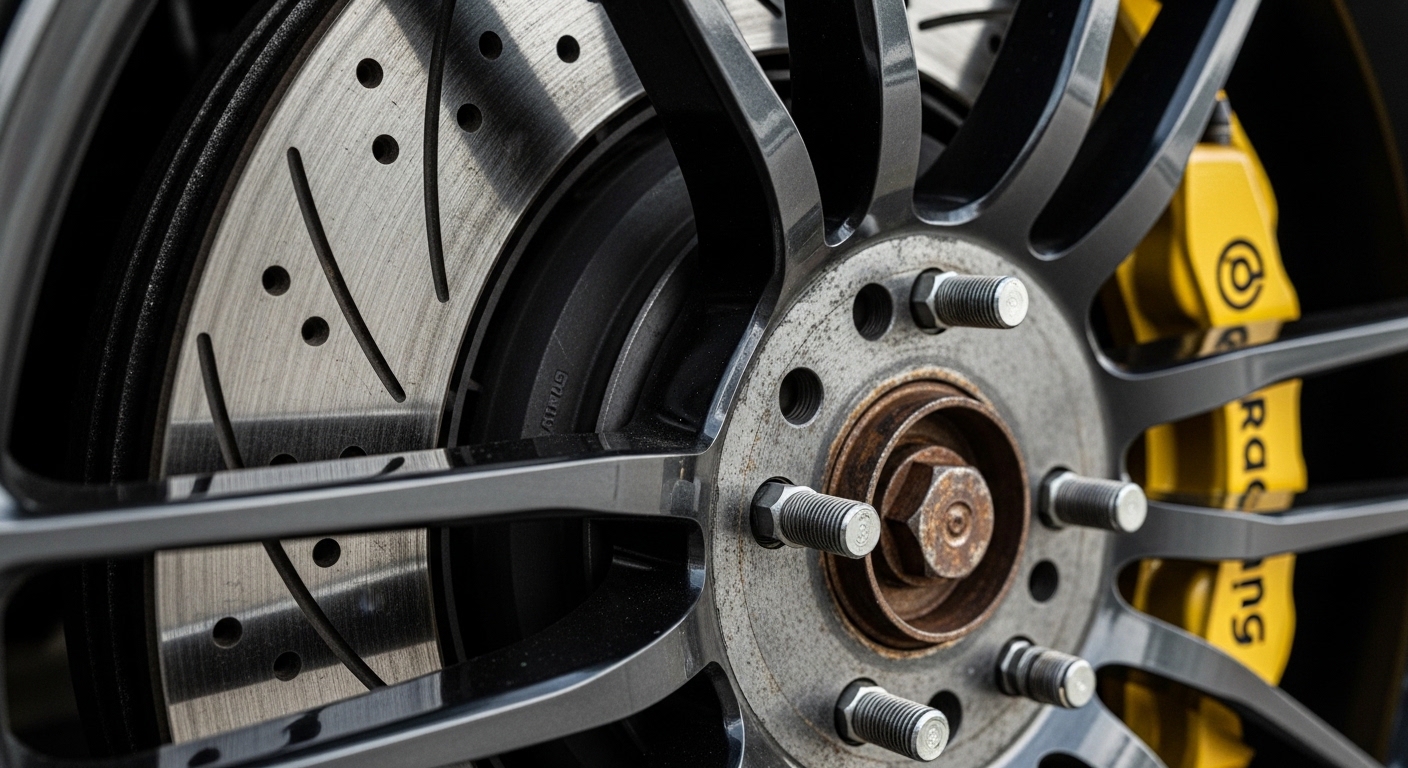 Close-up of drilled and slotted brake rotors on a performance car