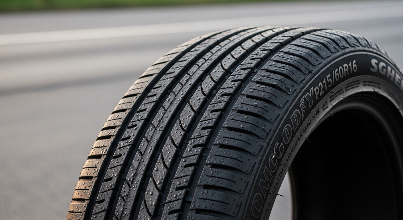 Close-up of wet tire tread showing traction design