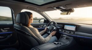 Driver in a luxury car with a modern dashboard on a scenic road