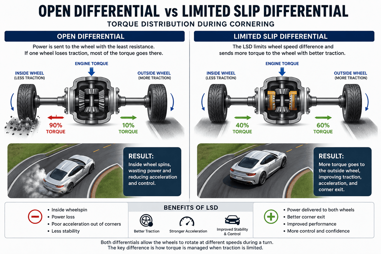 Open differential and limited slip differential comparison showing torque distribution