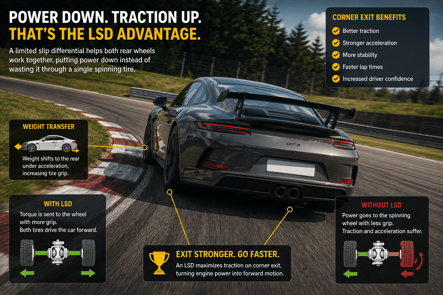 Sports car accelerating out of a corner with improved traction from a limited slip differential