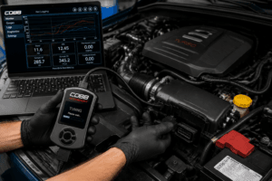 Mechanic using ECU tuning tool on sports car
