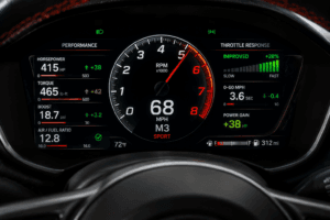Sports car performance display showing horsepower and torque improvements