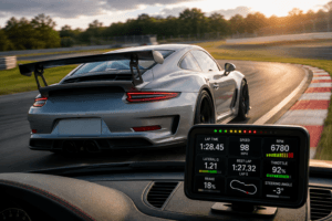 Track-focused sports car with simulated airflow showing heat dissipation