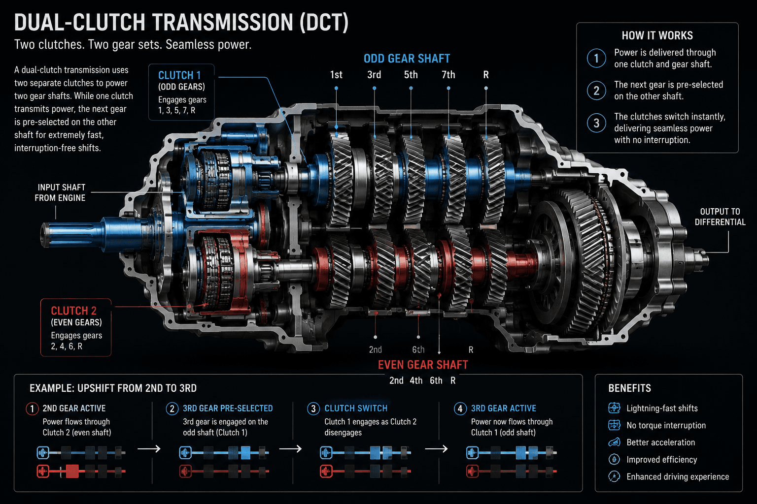 Dual-clutch transmission cutaway showing two clutch systems