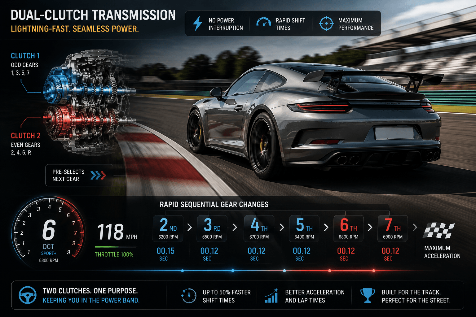 Sports car accelerating during rapid dual-clutch gear changes