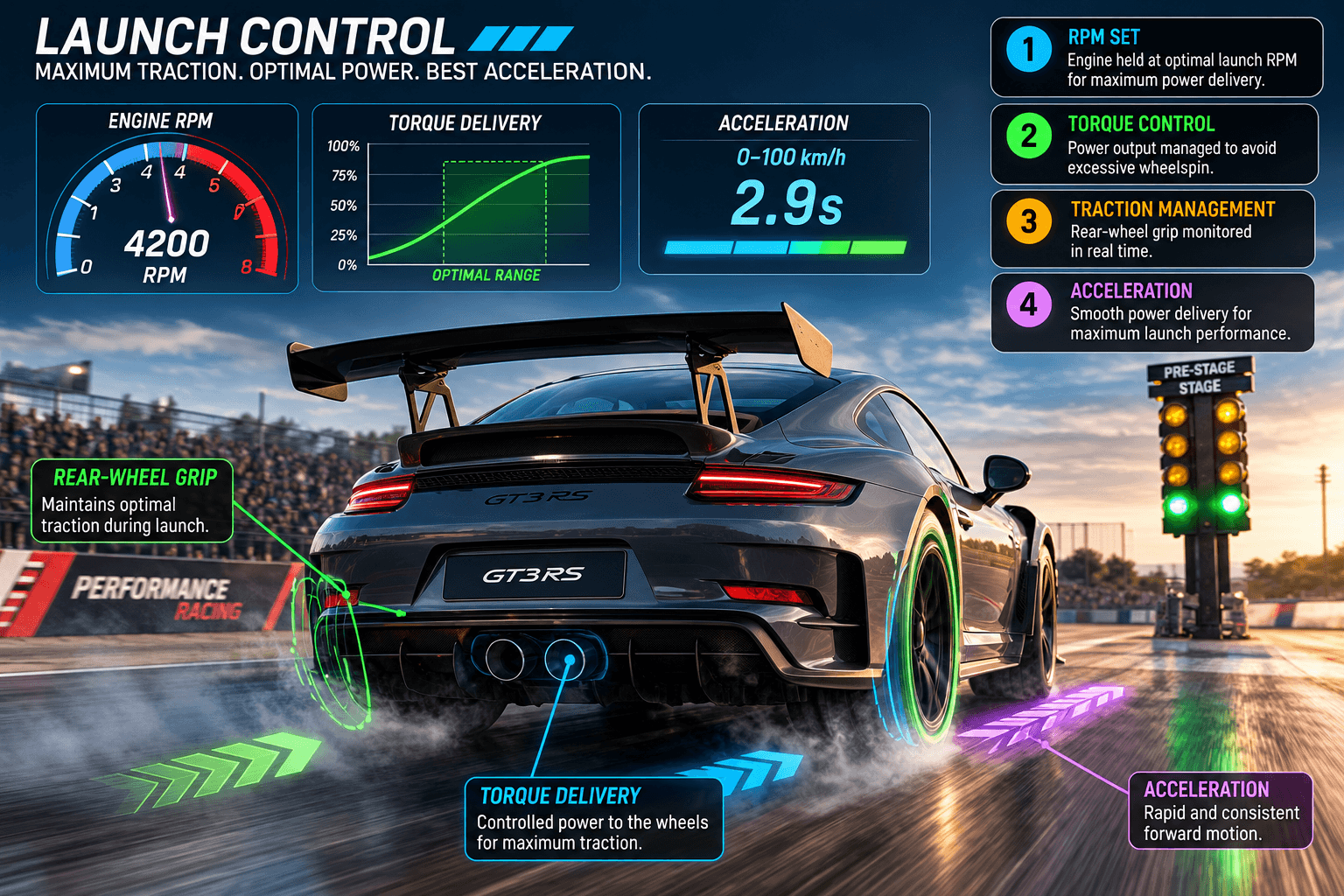 Sports car accelerating with launch control and traction management