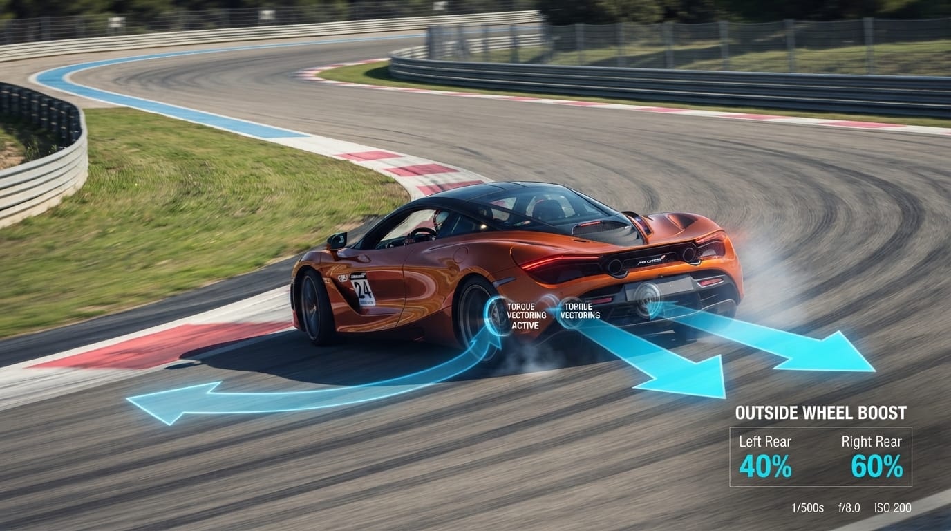 Sports car cornering with torque distribution