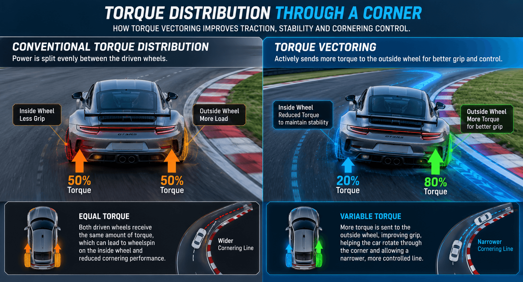 Technical infographic comparing conventional torque distribution with torque vectoring during a corner