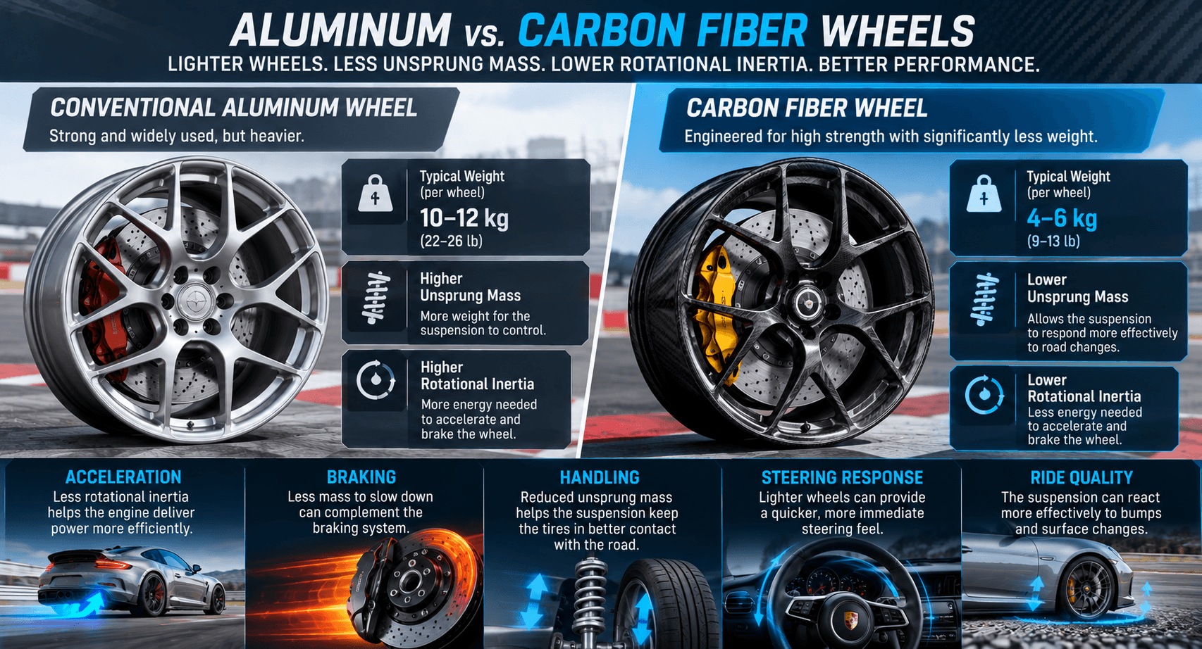 Carbon fiber and aluminum wheel weight comparison
